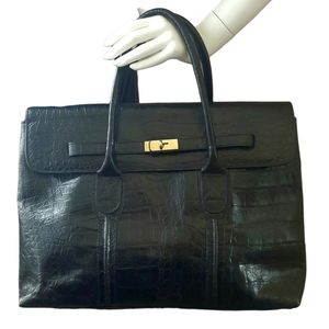 BOL-PERDIX Croc Embossed Leather Flap Front Large Satchel Black